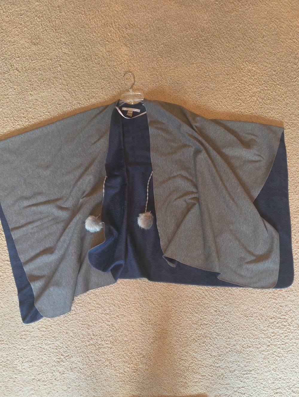Reversible Navy and Light Gray Shawl with Pom Details